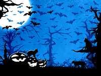 Halloween,Party,Blue,Vertical,Background,,Trees,,Bats,,Cats,And,Pumpkins