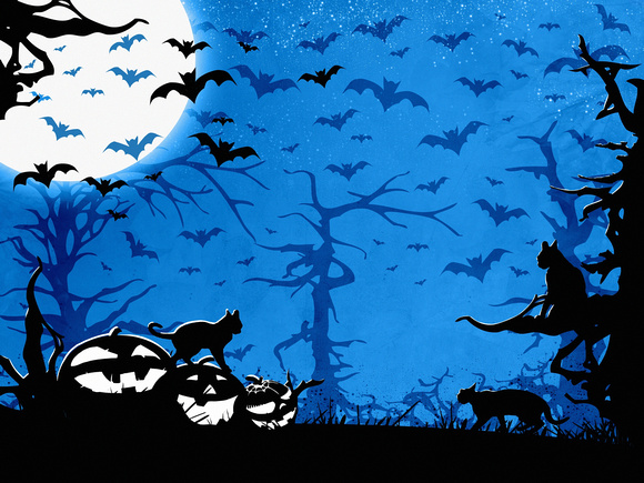 Halloween,Party,Blue,Vertical,Background,,Trees,,Bats,,Cats,And,Pumpkins